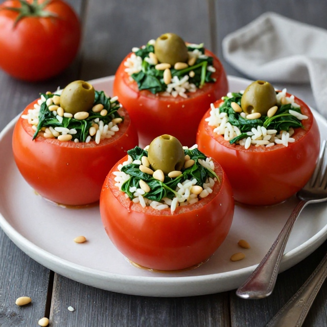 Tomatoes stuffed with rice and spinach with olives and pine nuts